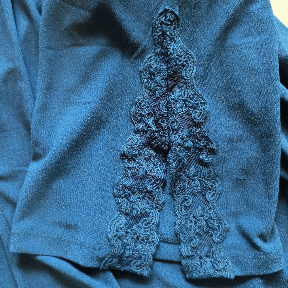 Susan Graver Liquid Knit Top 2X Blue Lace Split Sleeves Stretch Party Event Work
